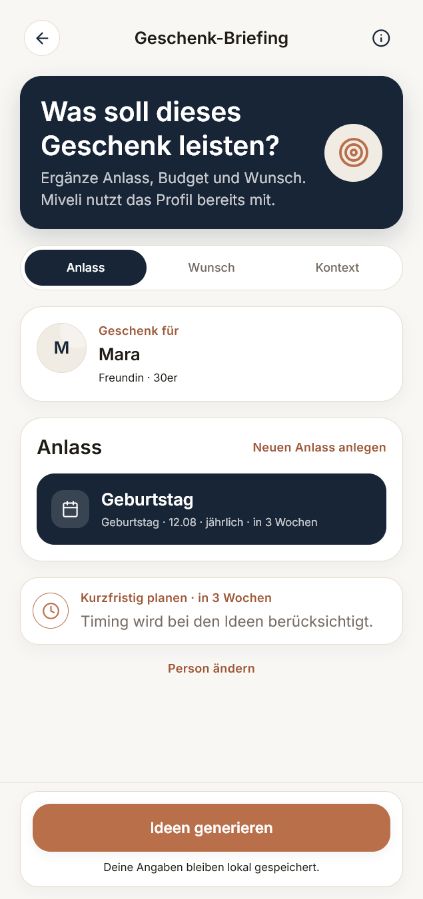 Vorläufige Ansicht eines Miveli-Geschenk-Briefings