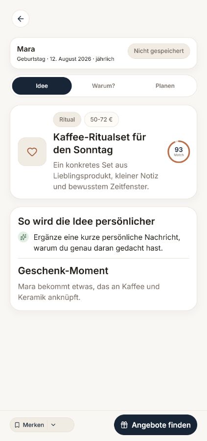 Geschenkdetail mit ausgewählter Idee